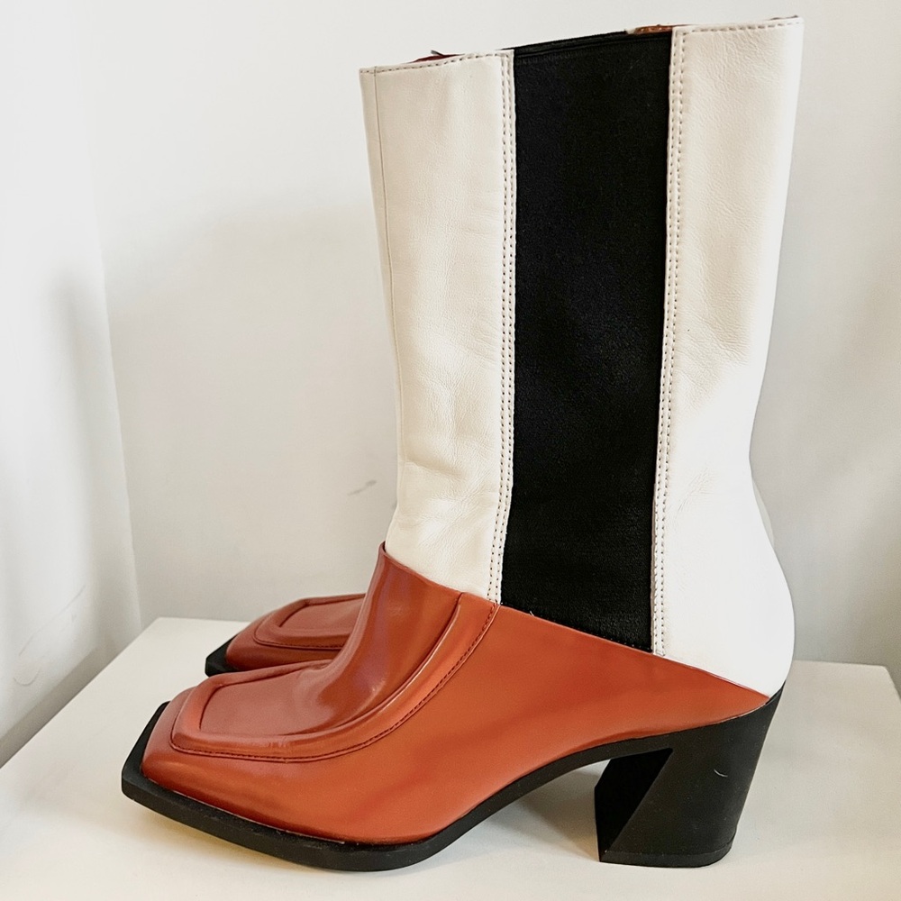Camper Lab colorblock brown white square toe slanted cowboy boots